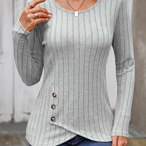 Decorative Button Round Neck Long Sleeve T-Shirt