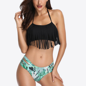 Two-Tone Fringe Trim Tied Bikini Set