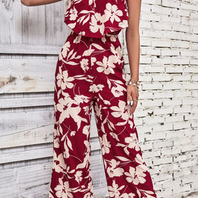 Perfee Floral Strapless Wide Leg Jumpsuit