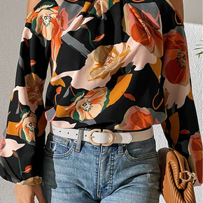 Floral Cold Shoulder Balloon Sleeve Blouse