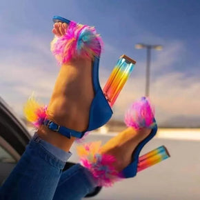 Fashion Fuzzy Rainbow Crystal Heels