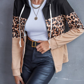 Drawstring Leopard Zip Up Hooded Jacket