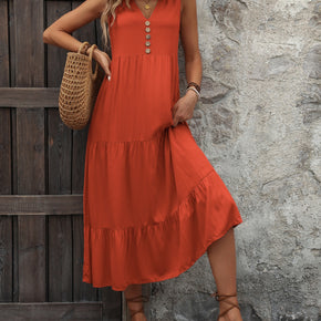 Decorative Button Notched Sleeveless Dress