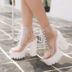 Thick Heel Platform Transparent Lace Up Ankle Boots Women  High Heels