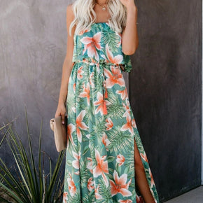 Slit Tropical Sleeveless Tube Dress