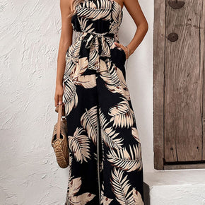 Perfee Printed Strapless Wide Leg Jumpsuit with Pockets