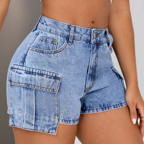 Mid-Rise Waist Denim Shorts with Pockets