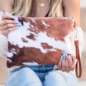 Faux Fur Cow Animal Print Clutch