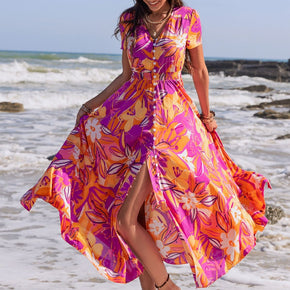 Printed V-Neck Short Sleeve Midi Dress