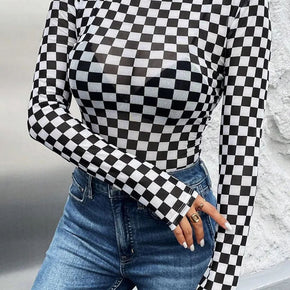 Checkered Turtleneck Long Sleeve Bodysuit