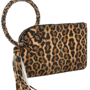 Leopard Cuff Handle Tassel Wristlet Clutch