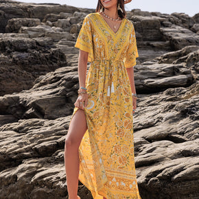 Drawstring Printed Plunge Half Sleeve Dress