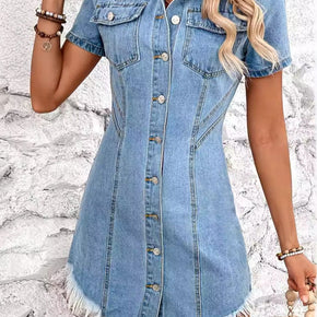 Raw Hem Button Up Short Sleeve Denim Dress