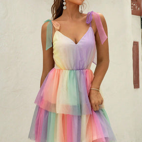 Gradient Tie-Shoulder Layered Dress