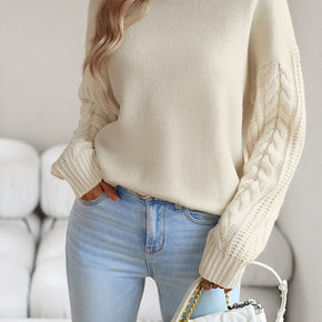 Cable-Knit Round Neck Drop Shoulder Sweater