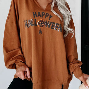 Sequin Letter Graphic Notched Long Sleeve Sweatshirt