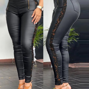 Crochet Lace Leather Skinny Pants