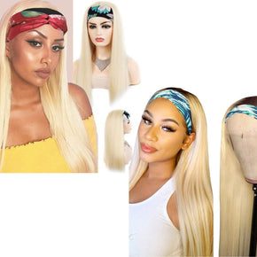 Straight 1B/613 Headband Human Hair Wigs Blonde Scarf