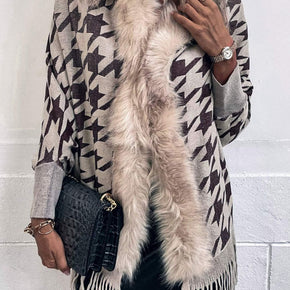 Houndstooth Fringe Hem Poncho