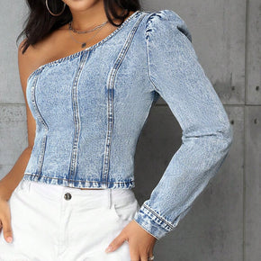 One Shoulder Long Sleeve Denim Top