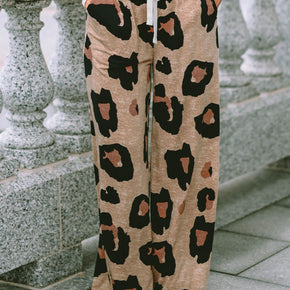 Leopard Drawstring Wide Leg Pants with Pockets