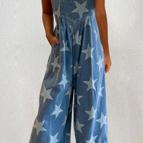 Star Square Neck Wide Leg Denim Overalls