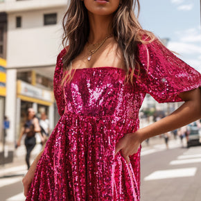 Sequin Square Neck Balloon Sleeve Romper