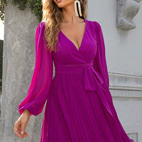 Tied Surplice Neck Pleated Dress