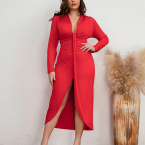 Plus Size Plunge Ruched Slit Dress