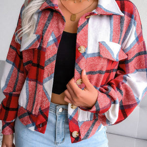 Plaid Collared Neck Drop Shoulder Jacket