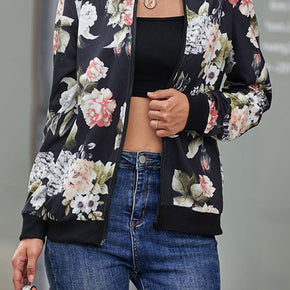 Floral Print Zip Up Bomber Jacket