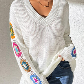 Crochet Flower V-Neck Sweater