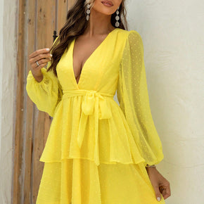 Tie Waist Balloon Sleeve Layered Dress