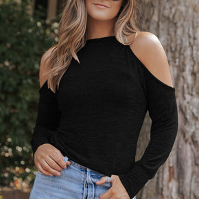 Round Neck Cold Shoulder Long Sleeve Top