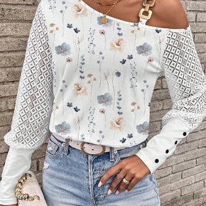 Printed Asymmetrical Neck Lantern Sleeve T-Shirt