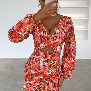 Floral Cutout Long Sleeve Mini Dress