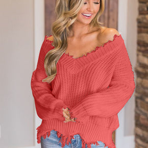 Frayed Hem Dropped Shoulder Sweater