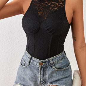 Perfee Mock Neck Sleeveless Lace Bodysuit