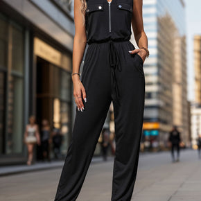 Half Zip Sleeveless Jumpsuit with Pockets