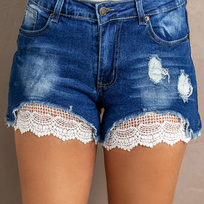 Spliced Lace Distressed Denim Shorts