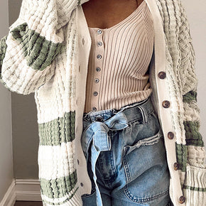 Plus Size Striped Button Up Dropped Shoulder Cardigan