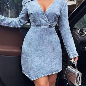 Surplice Long Sleeve Denim Dress