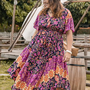 Plus Size Printed V-Neck Flutter Sleeve Midi Dress