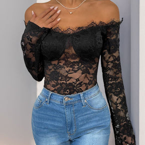 Perfee Lace Off-Shoulder Long Sleeve Bodysuit