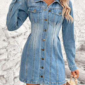 Pocketed Button Up Long Sleeve Denim Dress