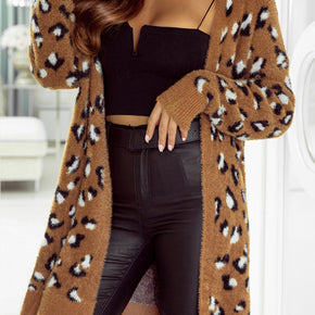 Full Size Leopard Open Front Long Sleeve Cardigan