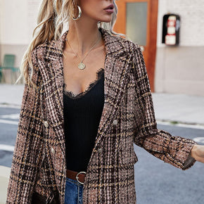 Full Size Plaid Buttoned Blazer