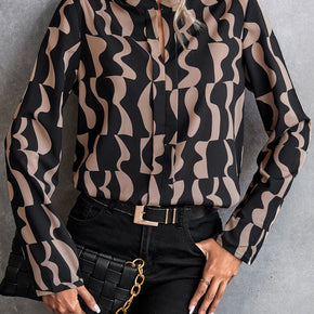 Printed Notched Long Sleeve Blouse