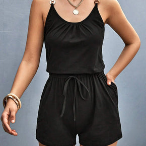 Pocketed Buckle Trim Scoop Neck Romper