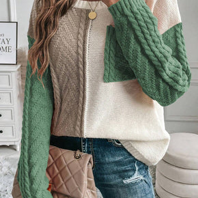 Color Block Round Neck Long Sleeve Sweater